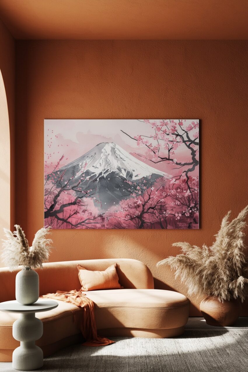 Aquarell Poster Berg rosa Kirschblüten Frühling