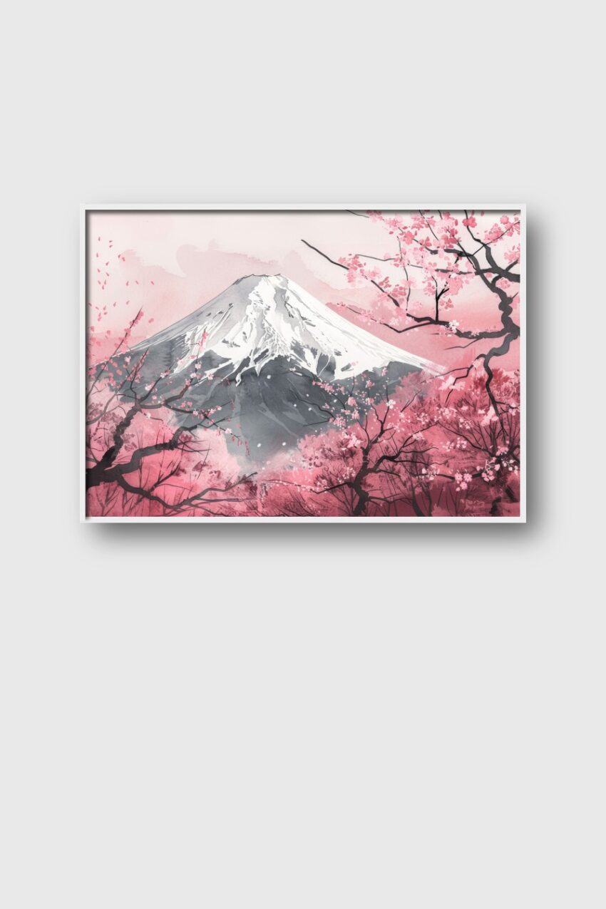 Aquarell Poster Berg rosa Kirschblüten Frühling