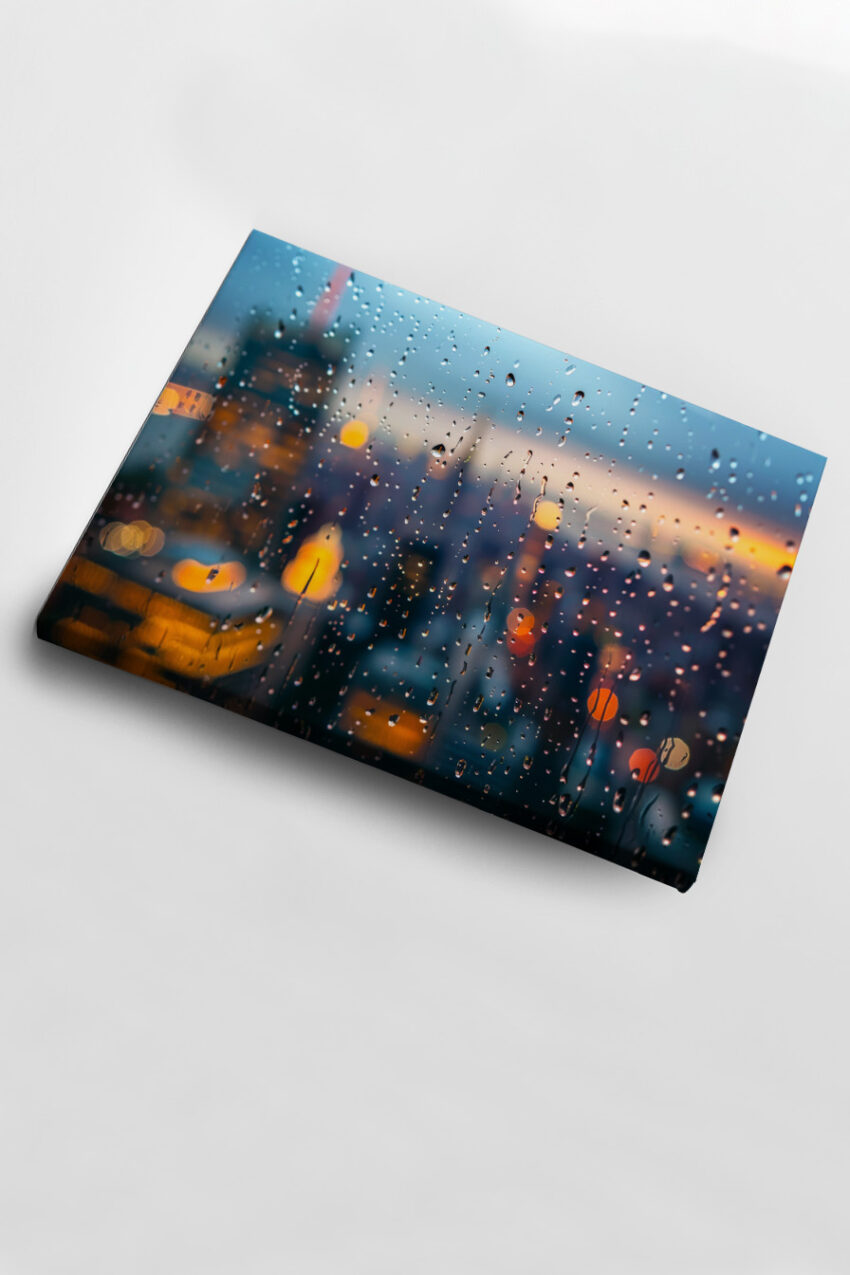 Fotografie Poster Regenfenster verschwommene Lichter blau orange