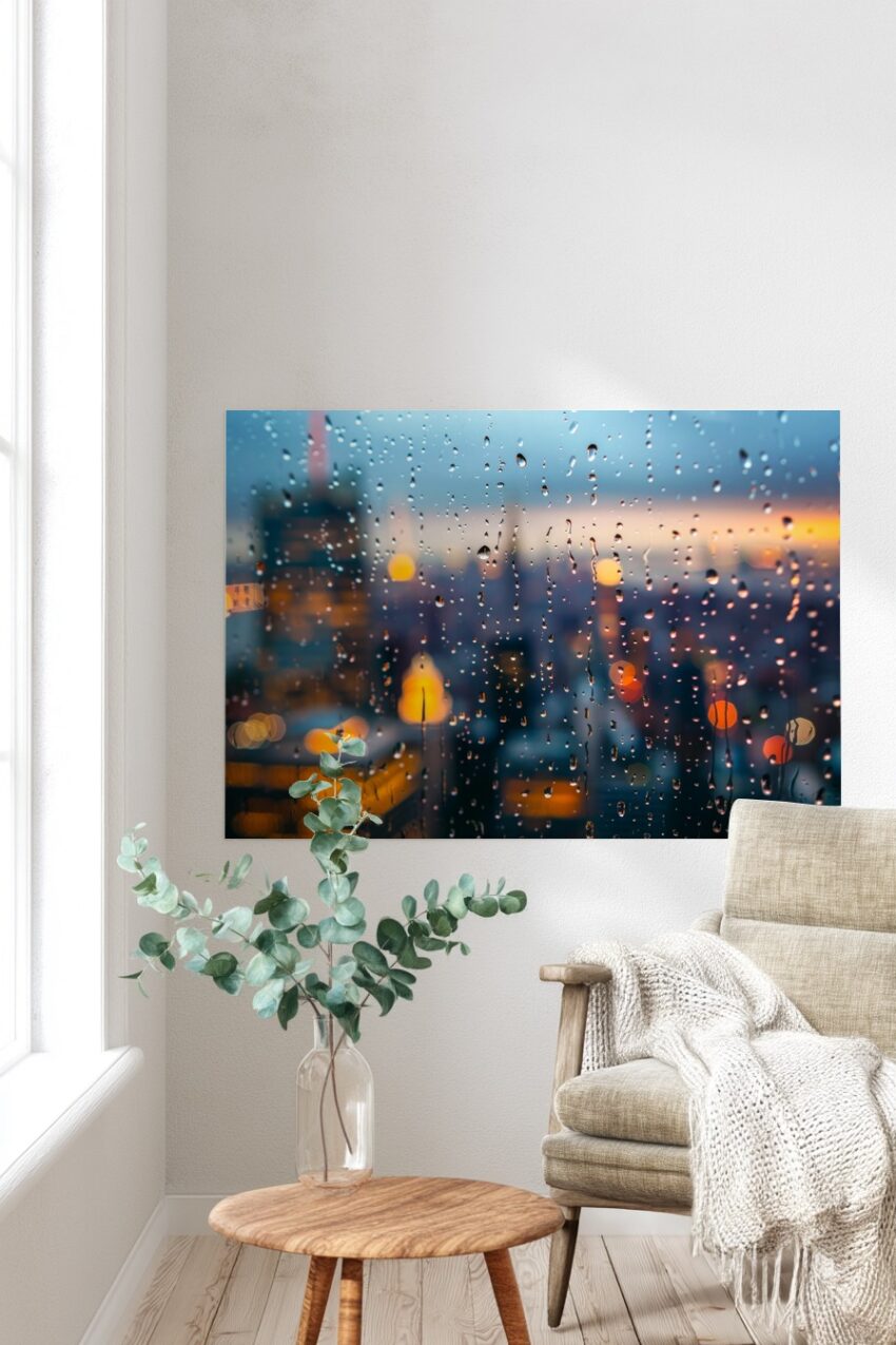 Fotografie Poster Regenfenster verschwommene Lichter blau orange