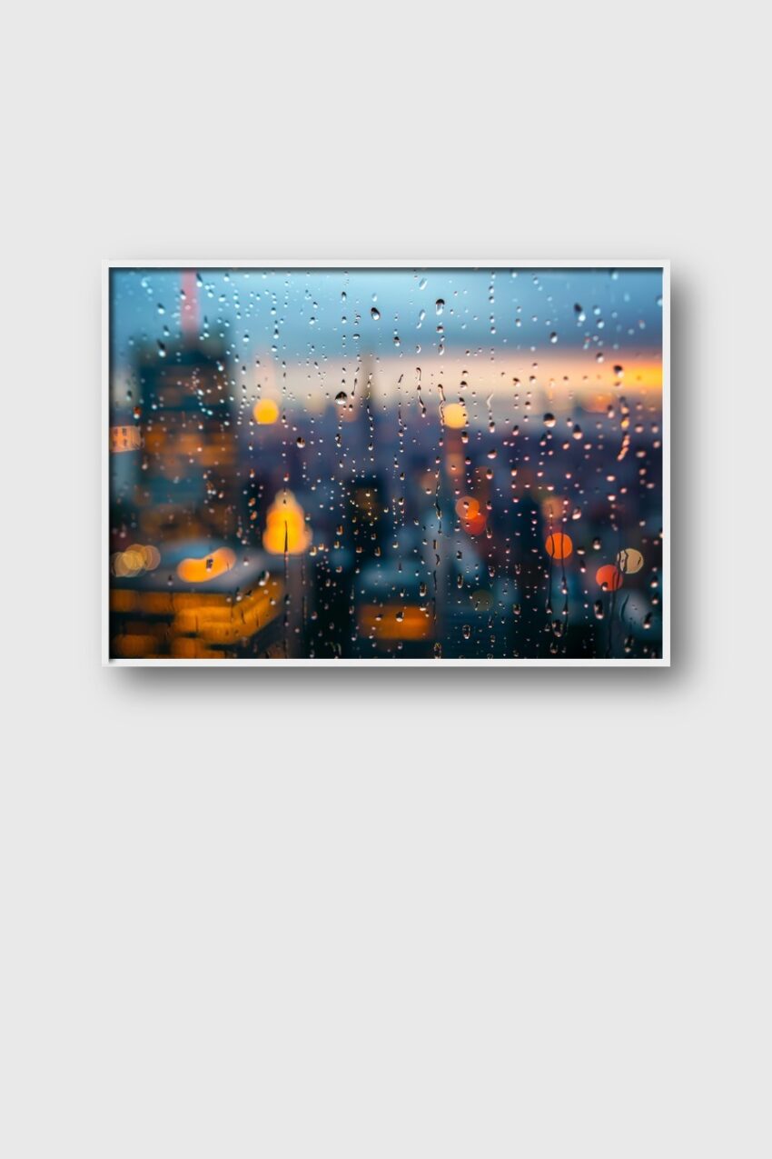 Fotografie Poster Regenfenster verschwommene Lichter blau orange