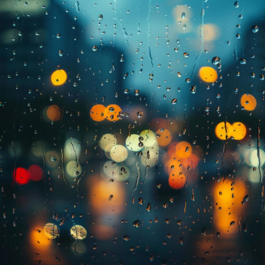 Fotografie Poster Regentropfen Fensterscheibe Abend Stadt Bokeh