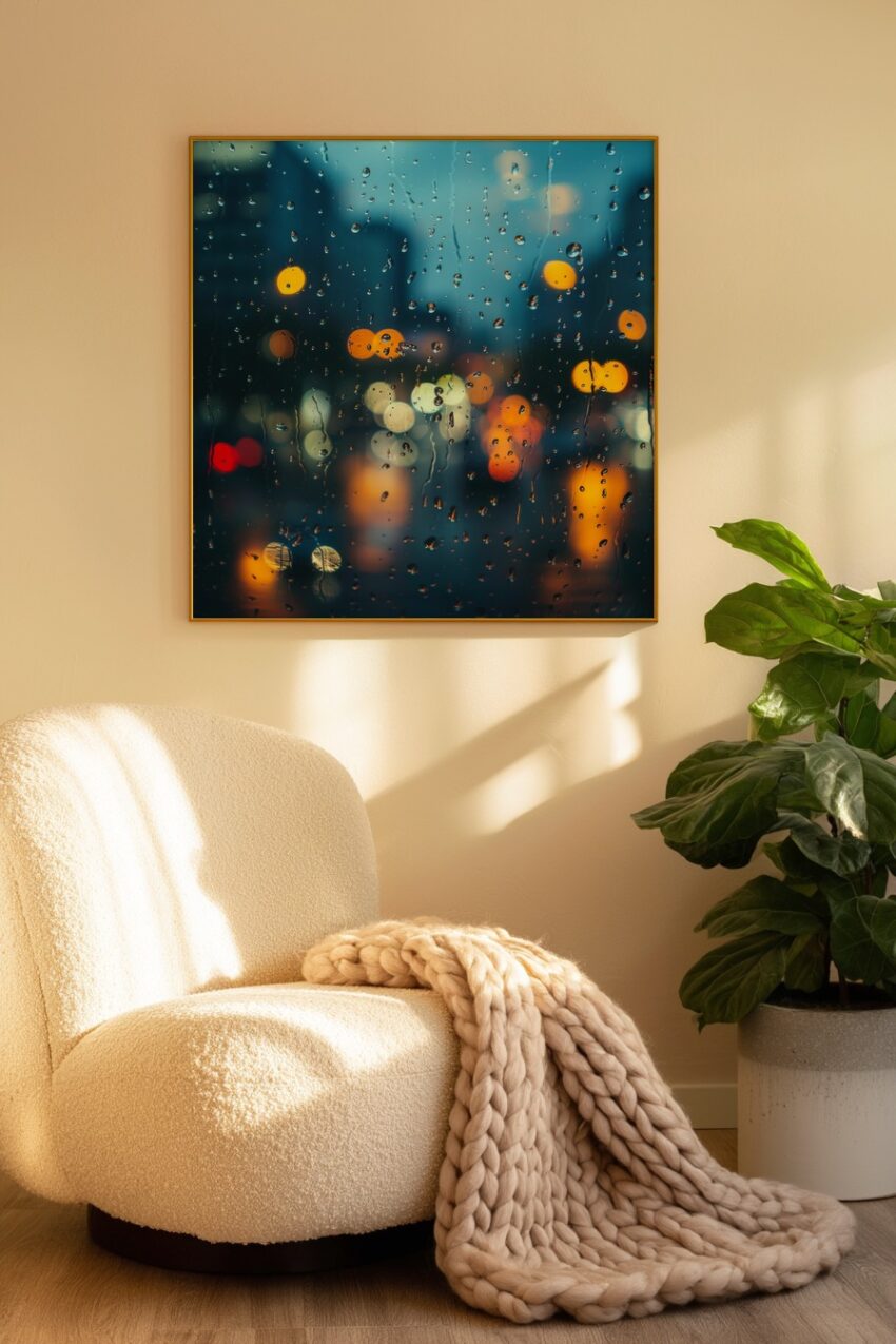 Fotografie Poster Regentropfen Fensterscheibe Abend Stadt Bokeh