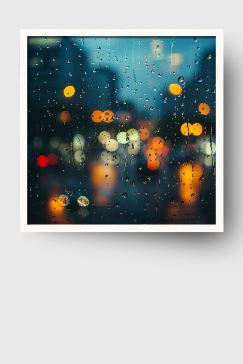 Fotografie Poster Regentropfen Fensterscheibe Abend Stadt Bokeh