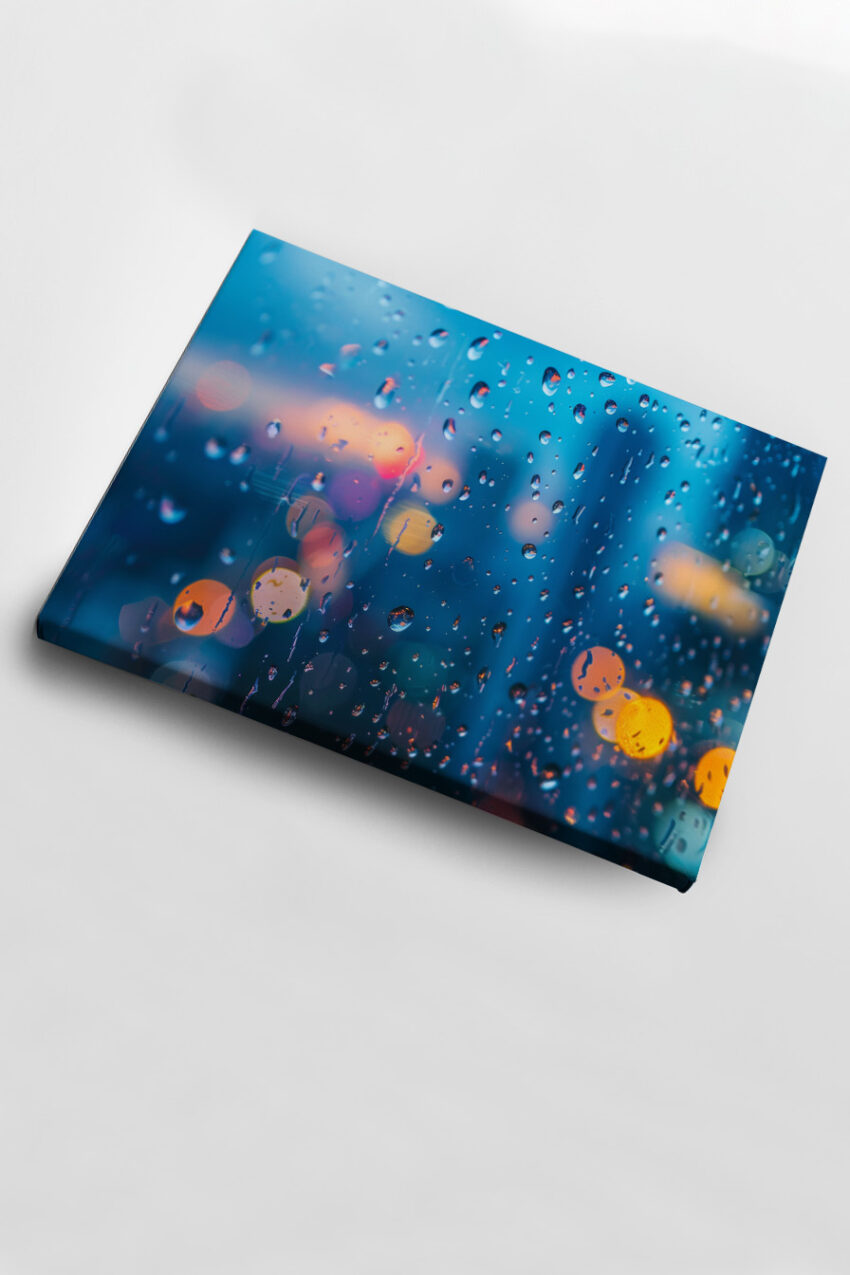 Fotografie Poster Regentropfen Fenster Lichter Blautöne