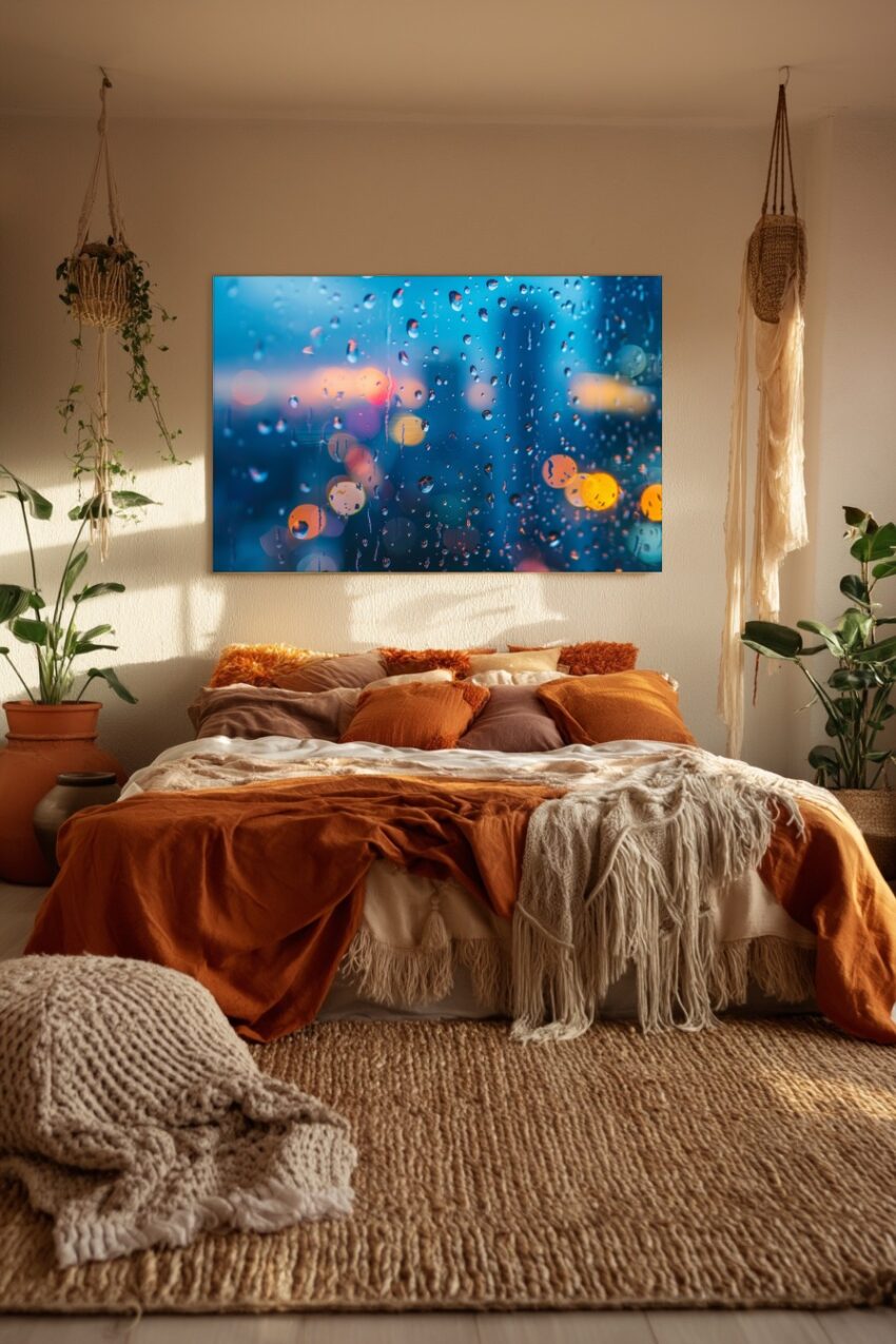 Fotografie Poster Regentropfen Fenster Lichter Blautöne