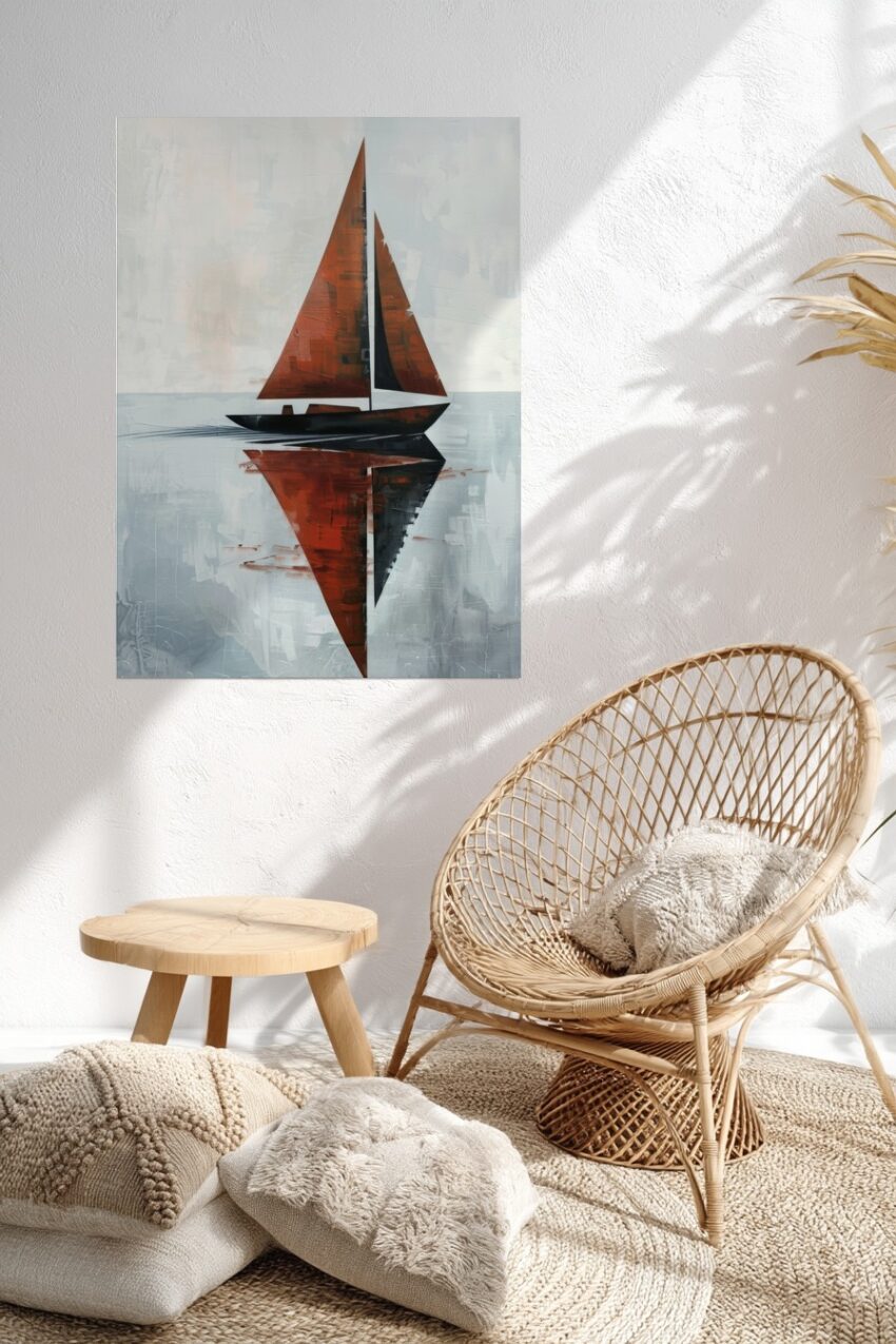 Malerei Poster Segelboot rot Spiegelung minimalistisch