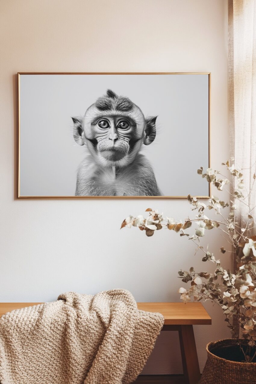 Fotografie Poster Jungaffe Schwarzweiß Gesicht Nahaufnahme