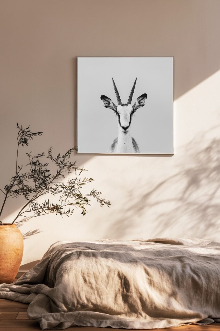 Fotografie Poster Antilope frontal schwarz-weiß minimalistisch