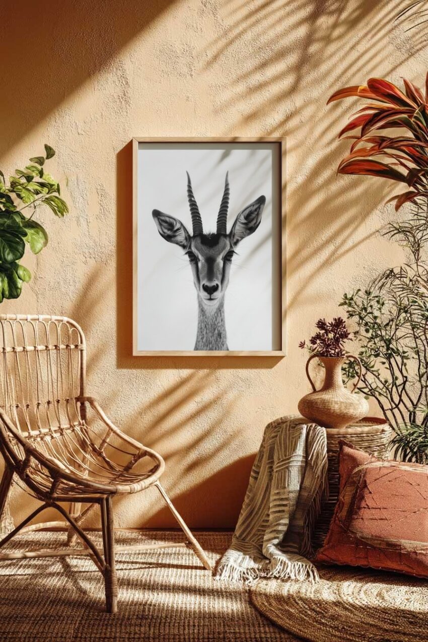 Fotografie Poster Gemsbock Kopf schwarz-weiß frontal