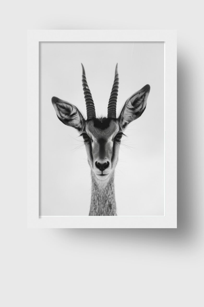 Fotografie Poster Gemsbock Kopf schwarz-weiß frontal