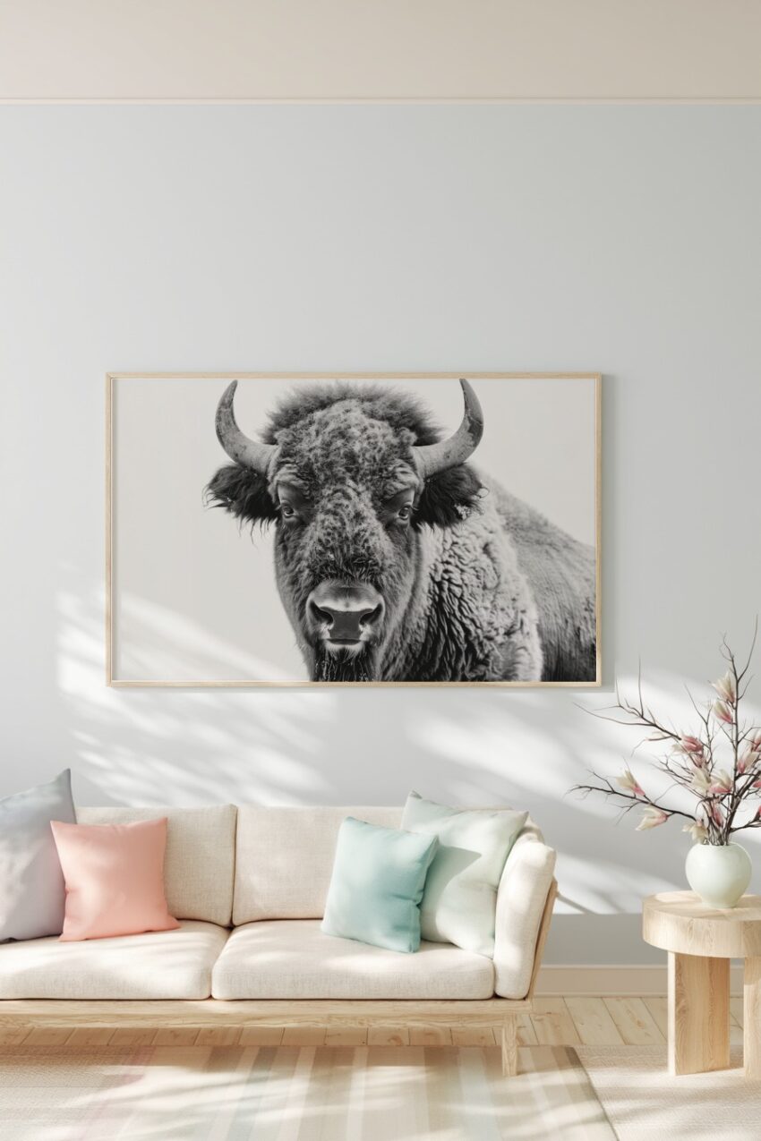 Fotografie Poster Bison Horn Detail schwarz-weiß