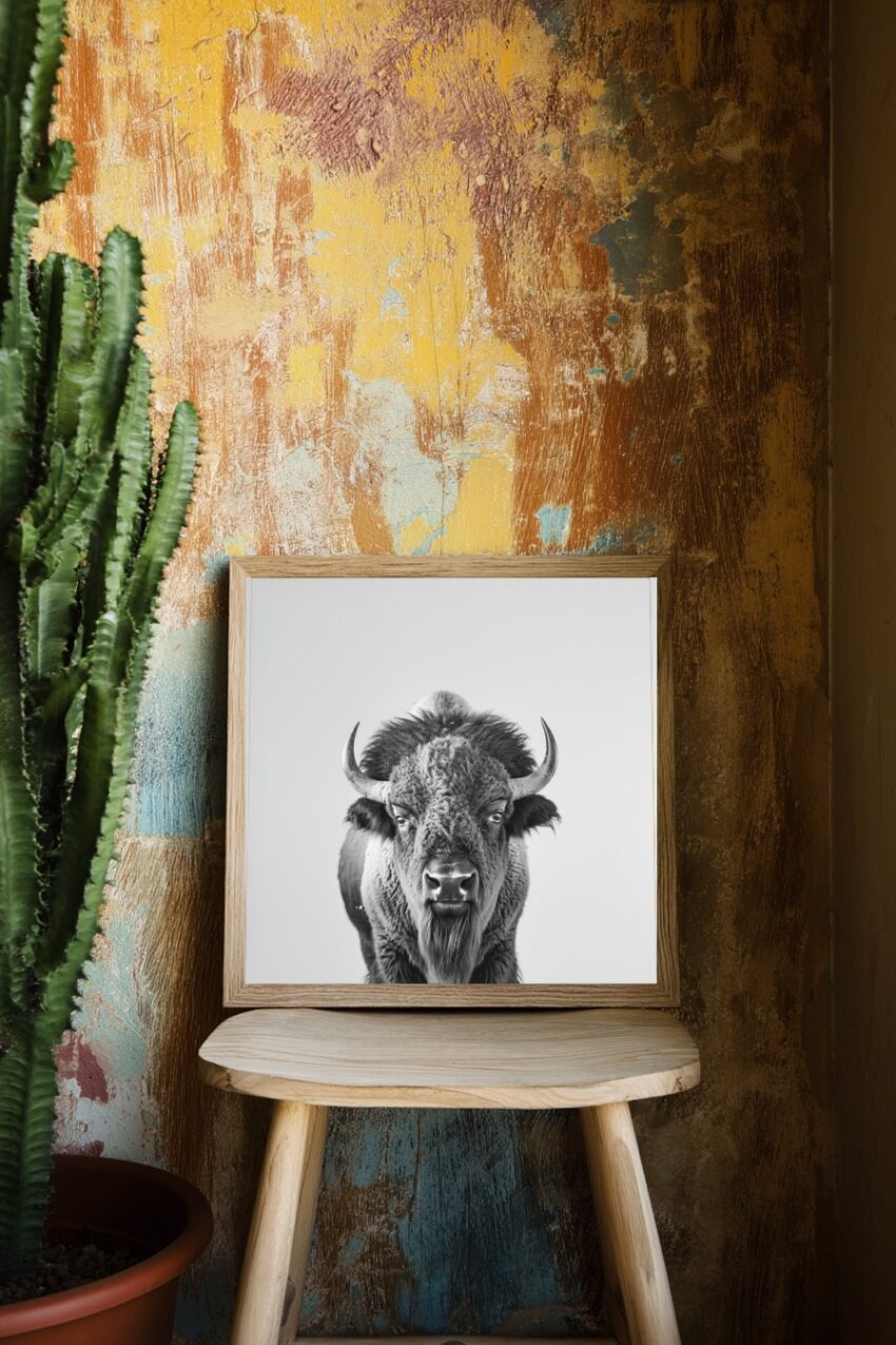 Fotografie Poster Bison Kopf frontal schwarz-weiß