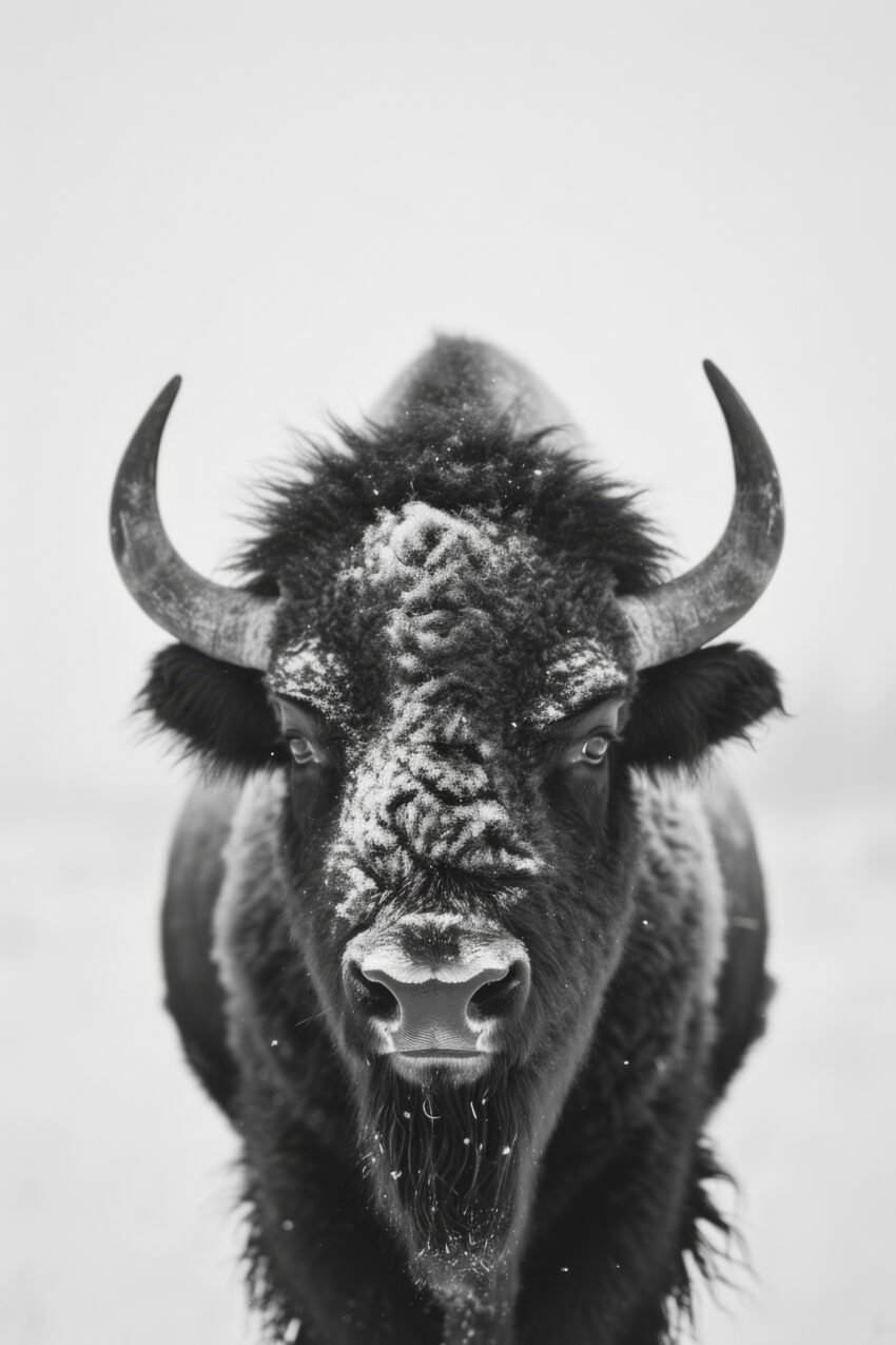 Fotografie Poster Bison schwarz-weiß Kaltes Fell