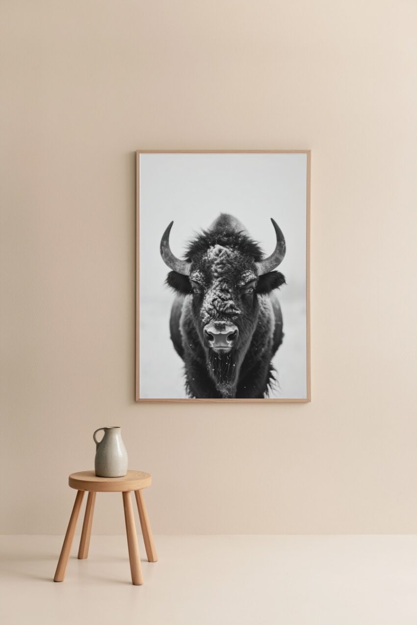Fotografie Poster Bison schwarz-weiß Kaltes Fell