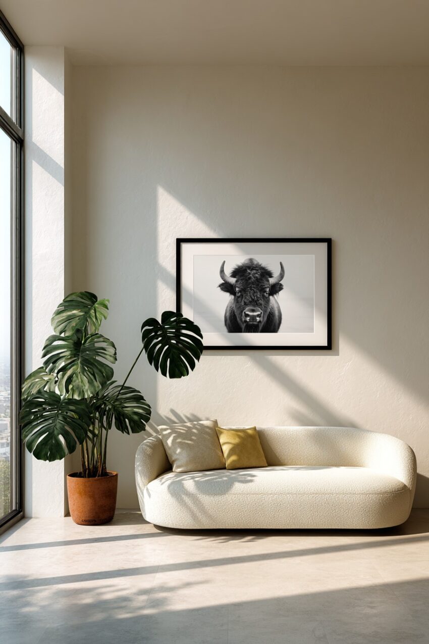 Fotografie Poster Bison frontal schwarz-weiß