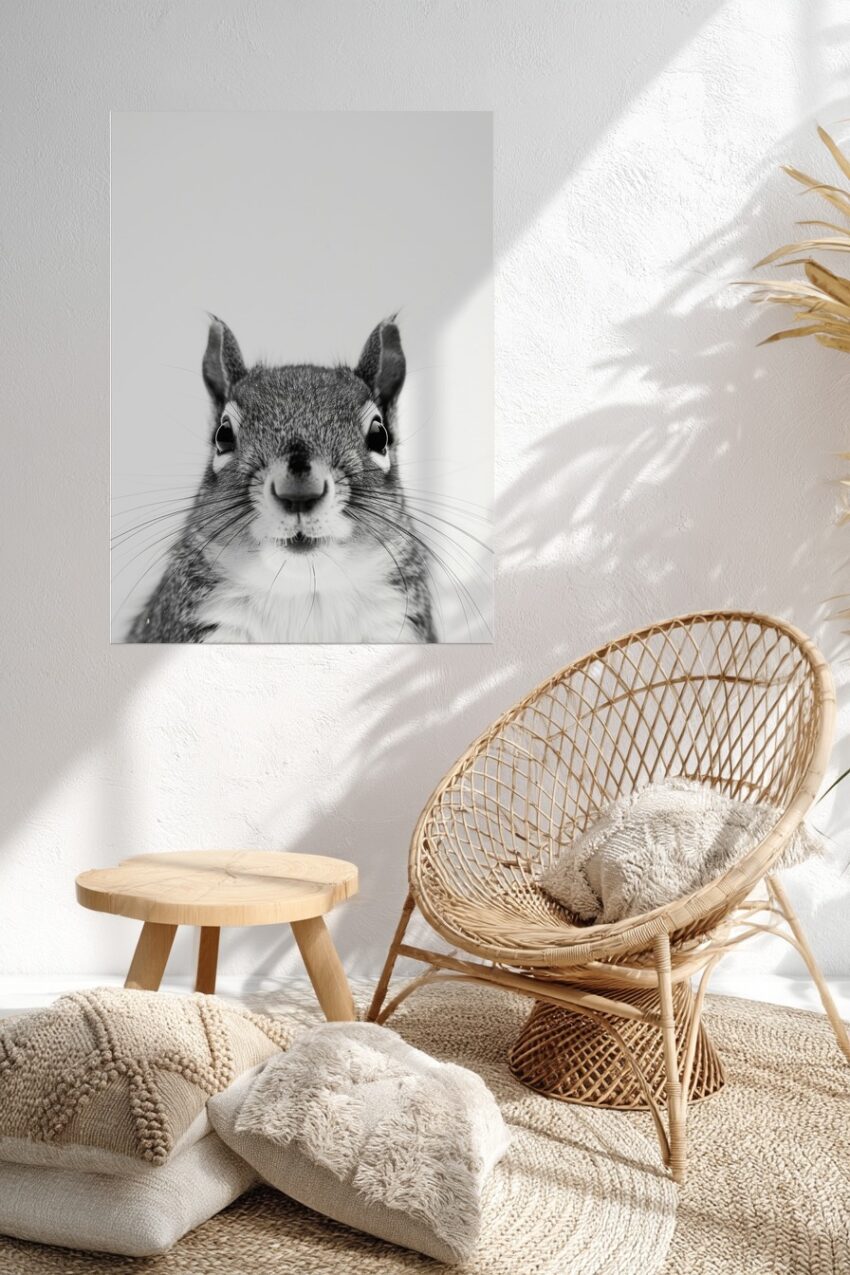 Fotografie Poster Eichhörnchen Nahaufnahme schwarz-weiß