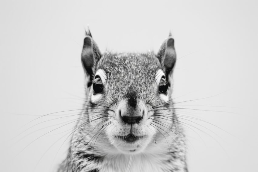 Fotografie Poster Eichhörnchen schwarz-weiß Nahaufnahme