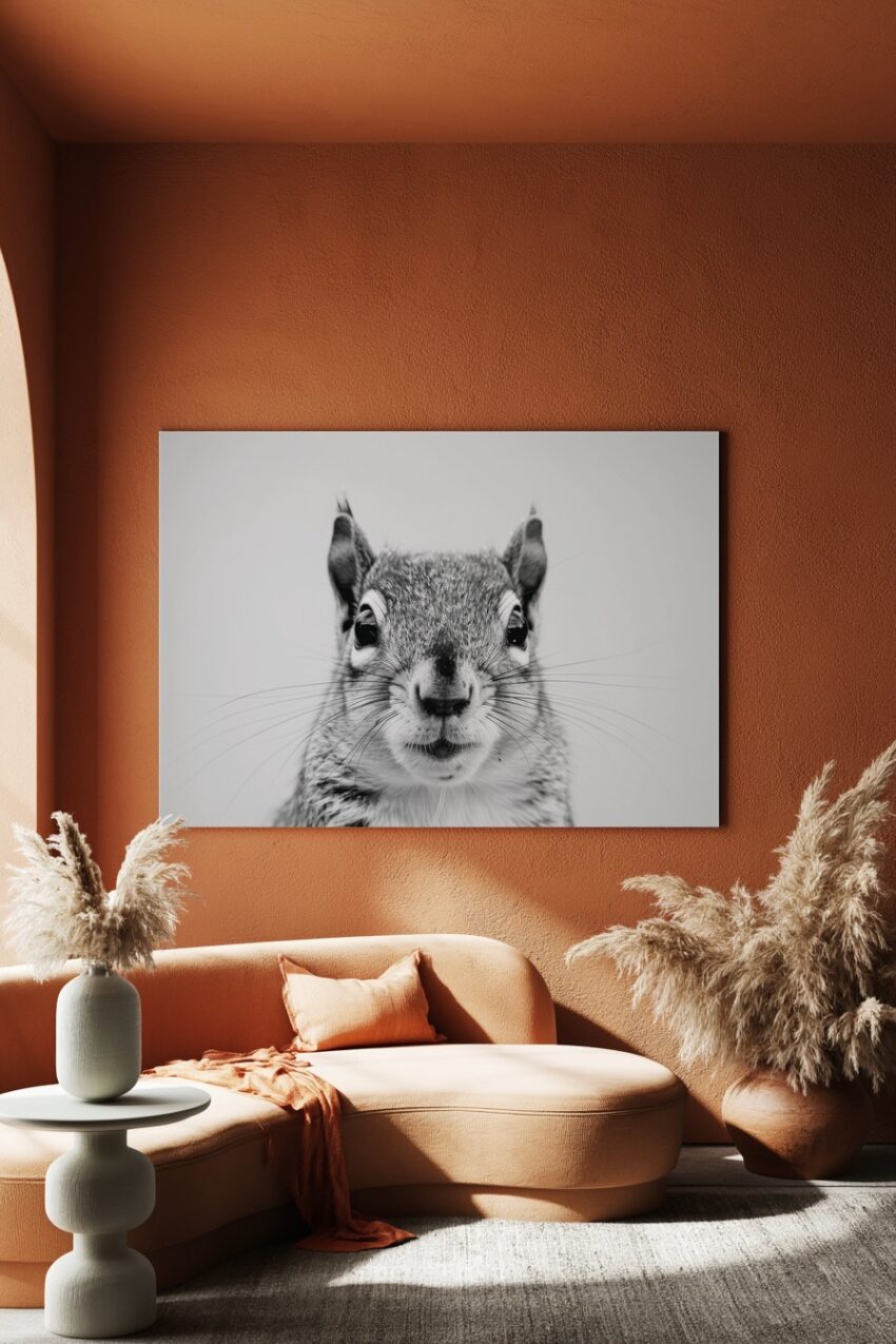 Fotografie Poster Eichhörnchen schwarz-weiß Nahaufnahme