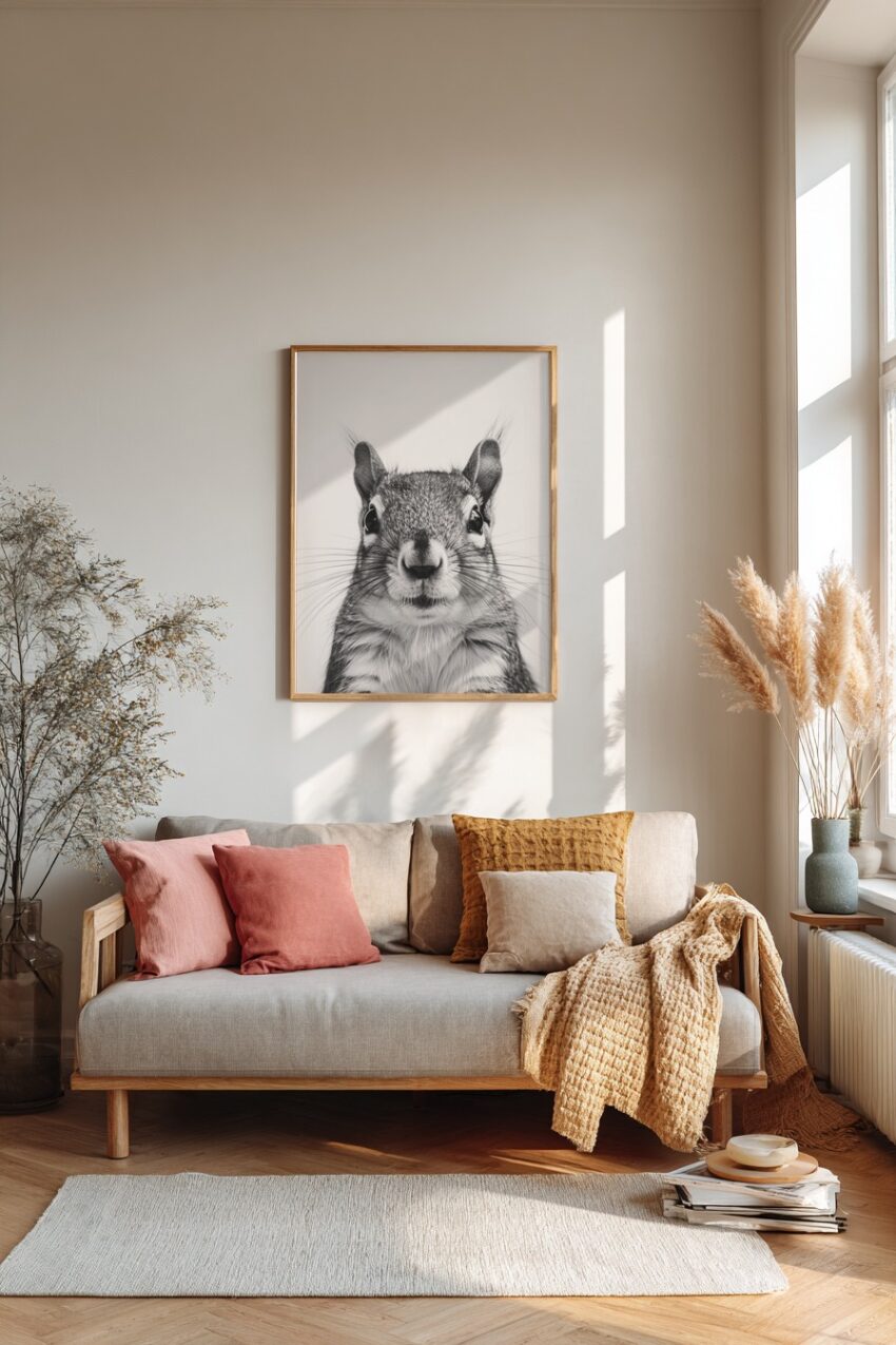 Fotografie Poster Eichhörnchen frontal Schwarz-Weiß