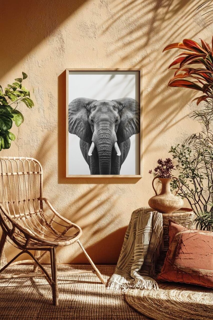 Fotografie Poster Elefant frontal schwarz-weiß detailliert