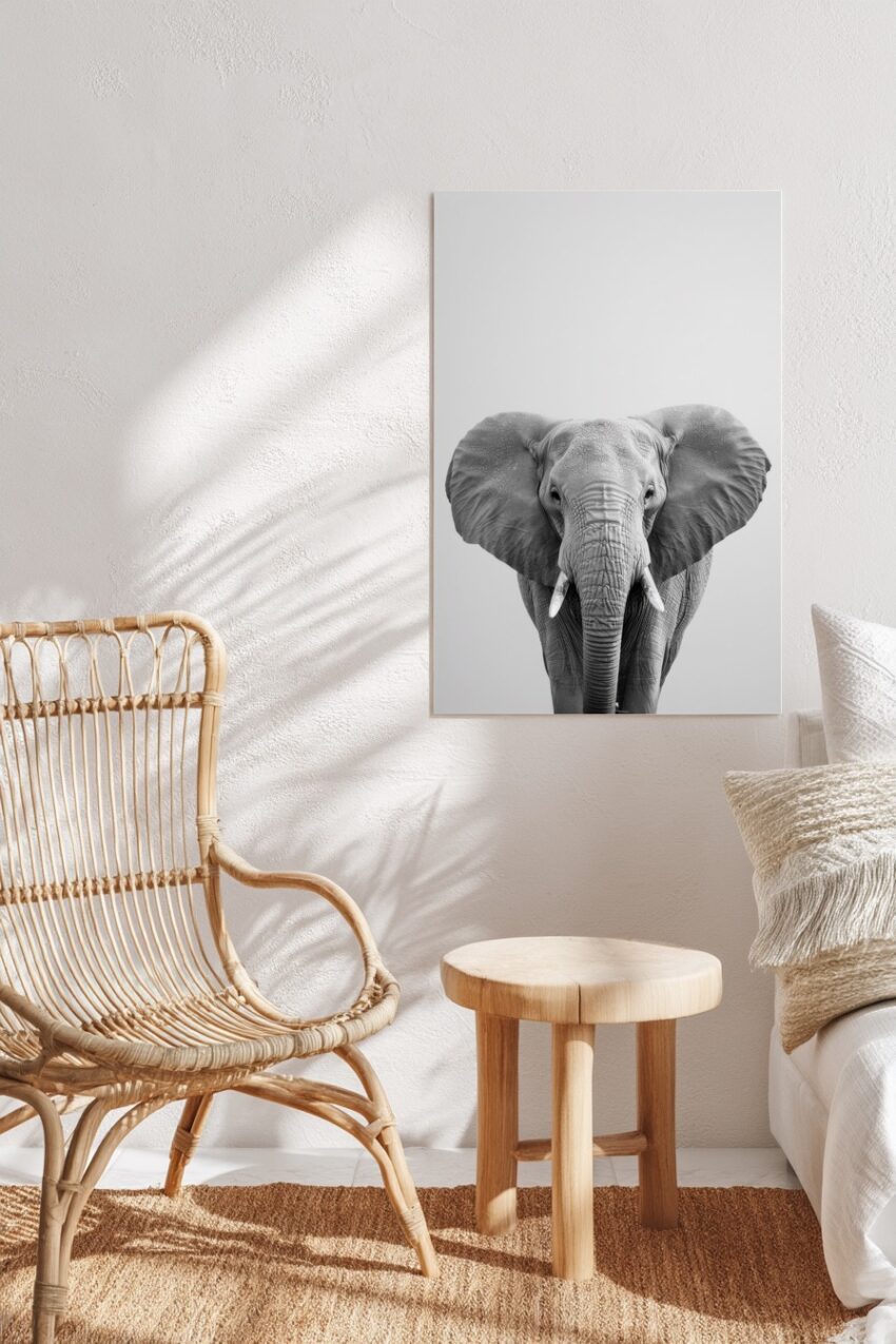 Fotografie Poster Elefant frontal schwarz-weiß