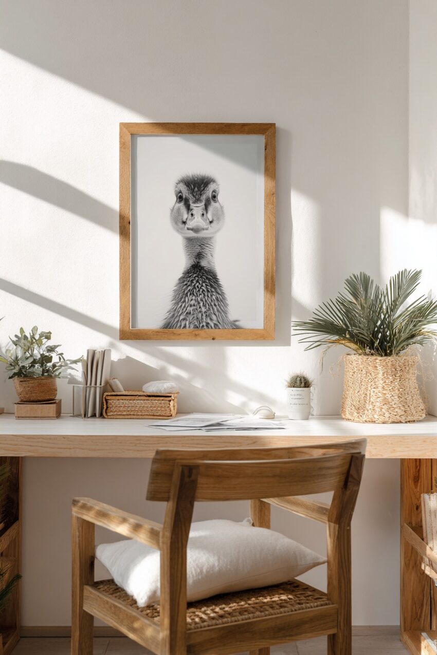 Fotografie Poster Entenjunges frontal schwarz-weiß detailreich