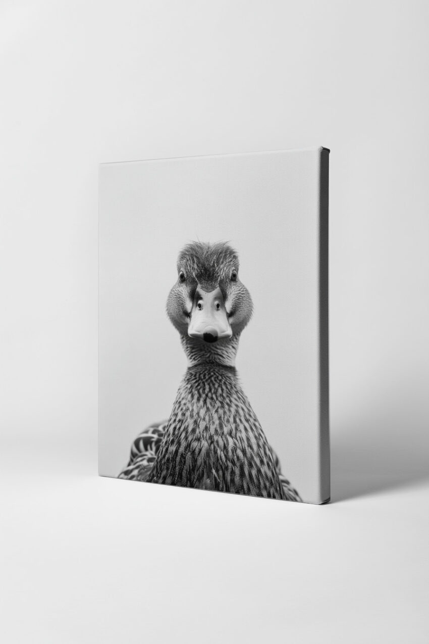 Fotografie Poster Ente schwarz-weiß Nahaufnahme frontal