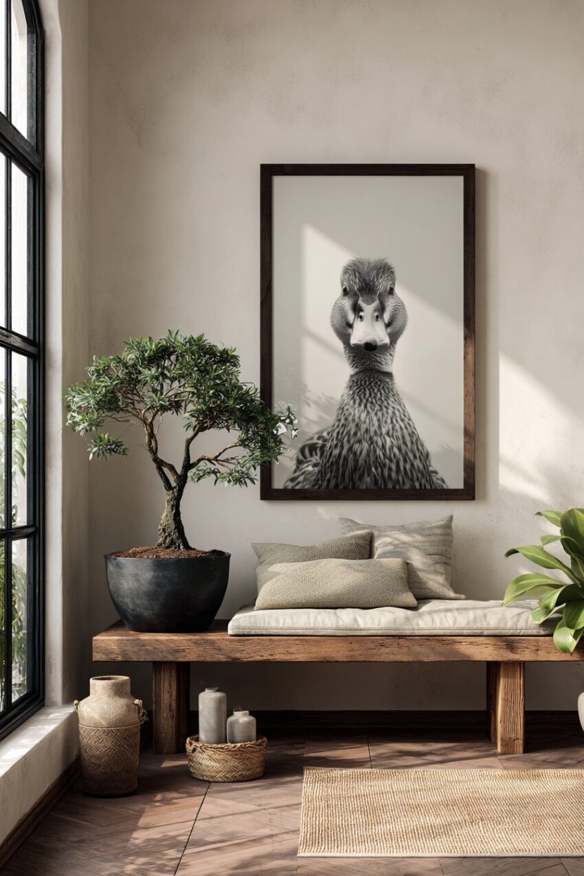 Fotografie Poster Ente schwarz-weiß Nahaufnahme frontal