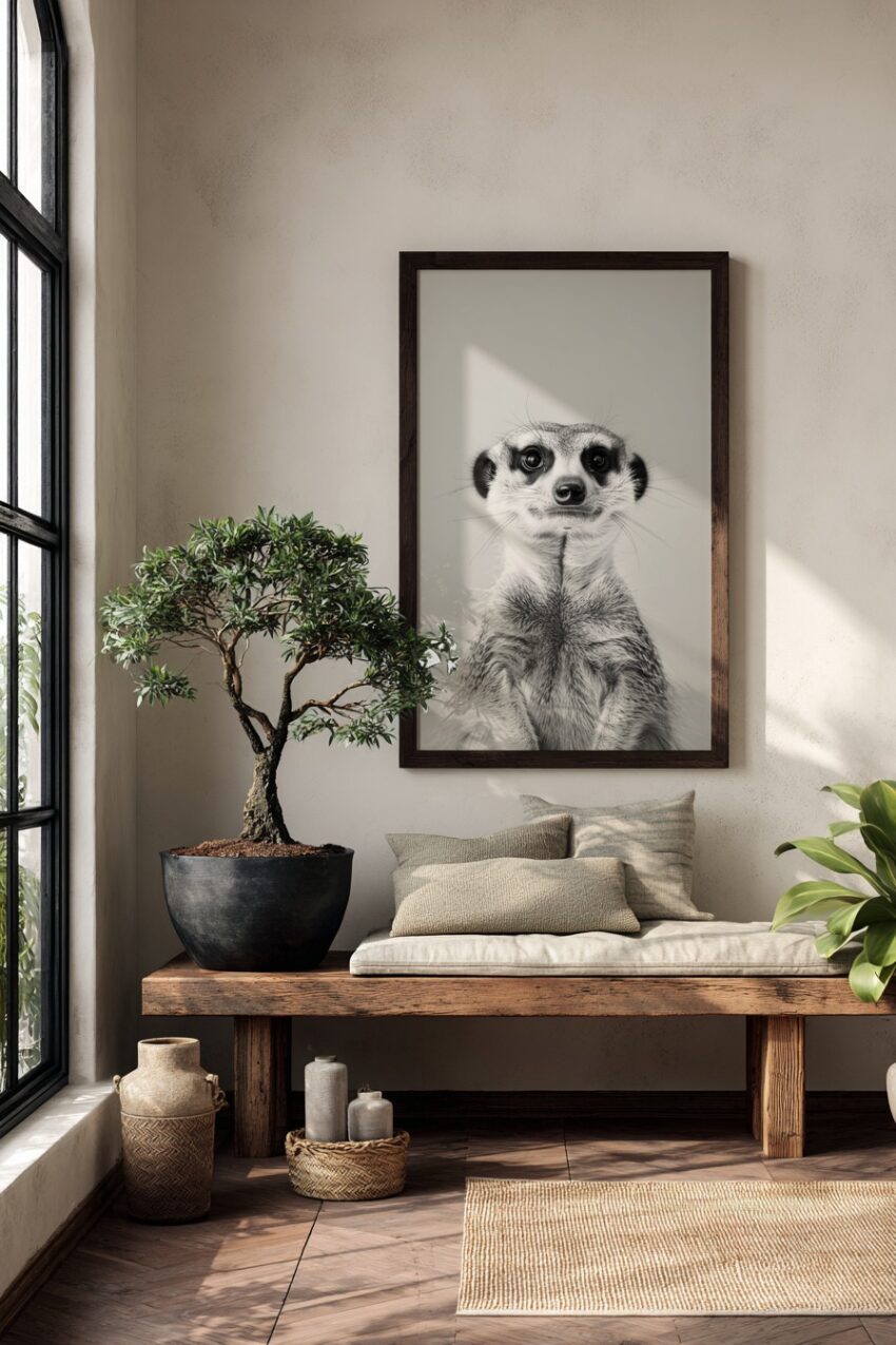 Fotografie Poster Erdmännchen Nahaufnahme schwarz-weiß