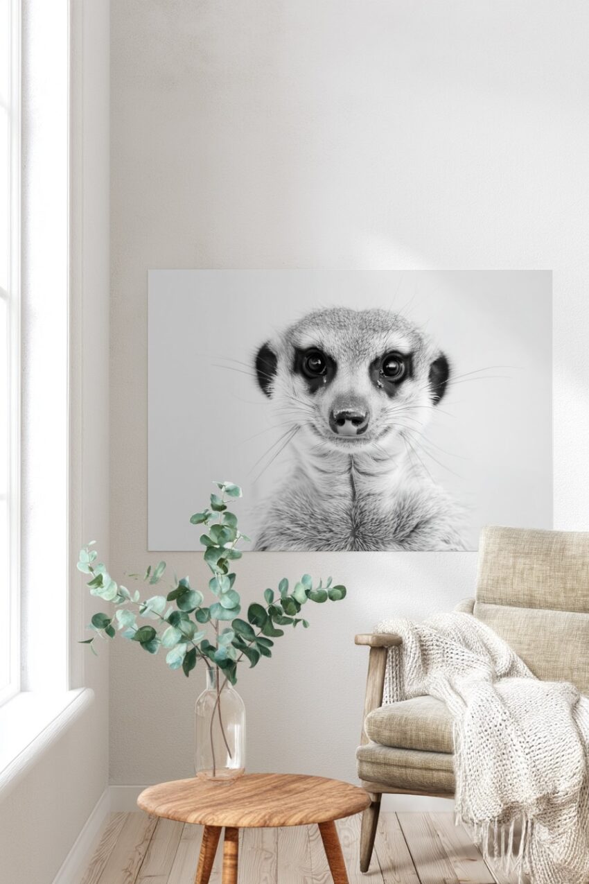 Fotografie Poster Erdmännchen schwarz-weiß frontal Nahaufnahme