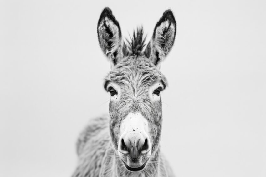 Fotografie Poster Esel schwarz-weiß Nahaufnahme frontal