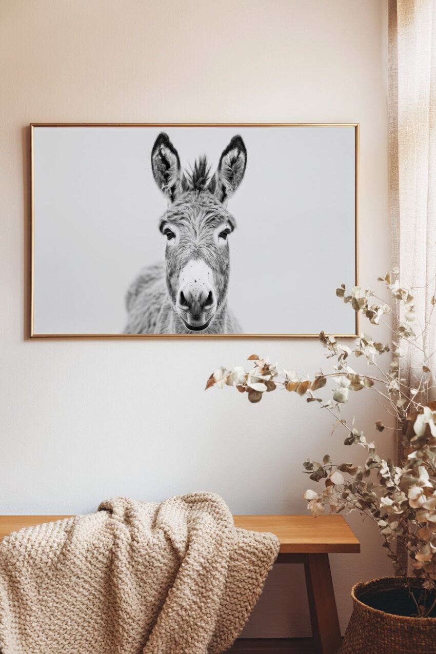 Fotografie Poster Esel schwarz-weiß Nahaufnahme frontal