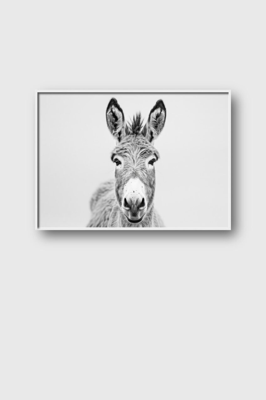 Fotografie Poster Esel schwarz-weiß Nahaufnahme frontal