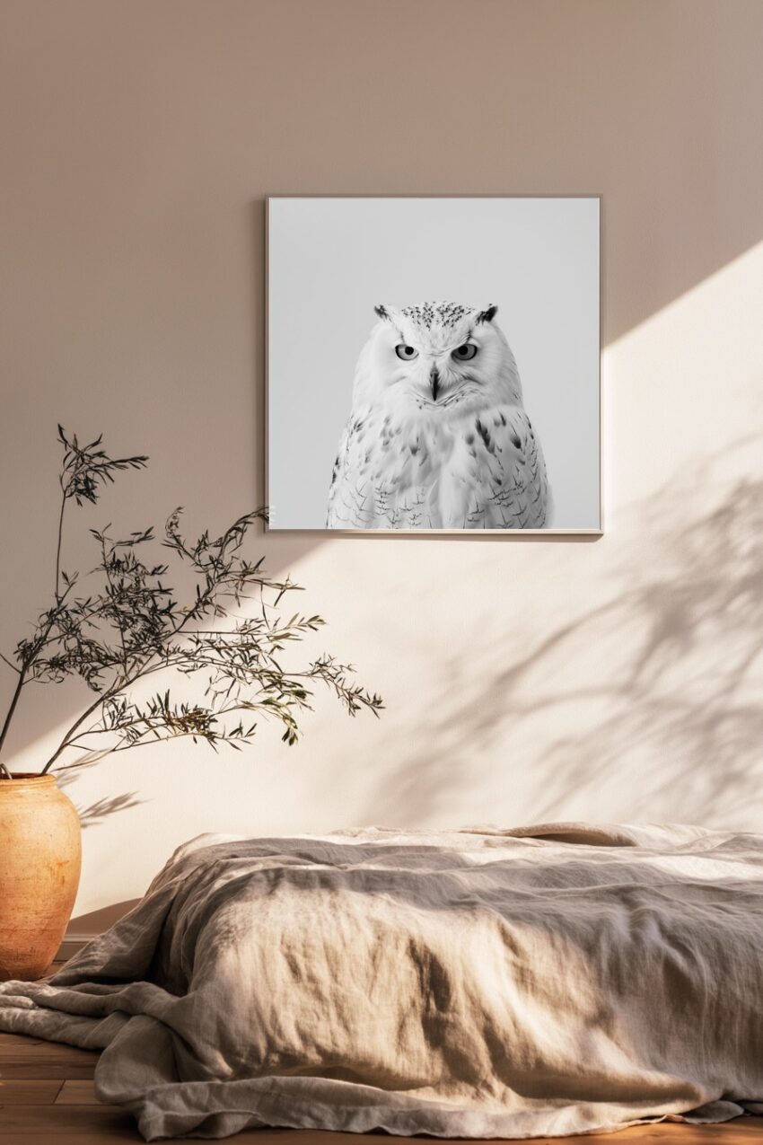 Fotografie Poster Schneeeule Nahaufnahme weiß schwarz