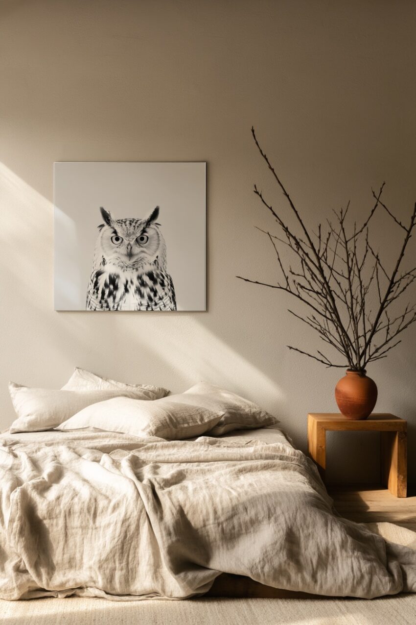 Fotografie Poster Eule frontal schwarz-weiß