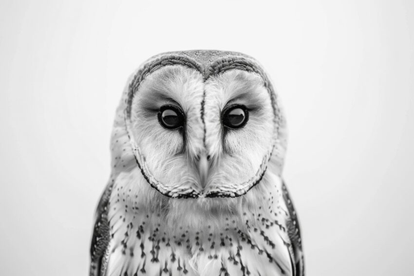 Fotografie Poster Schleiereule schwarz-weiß Nahaufnahme