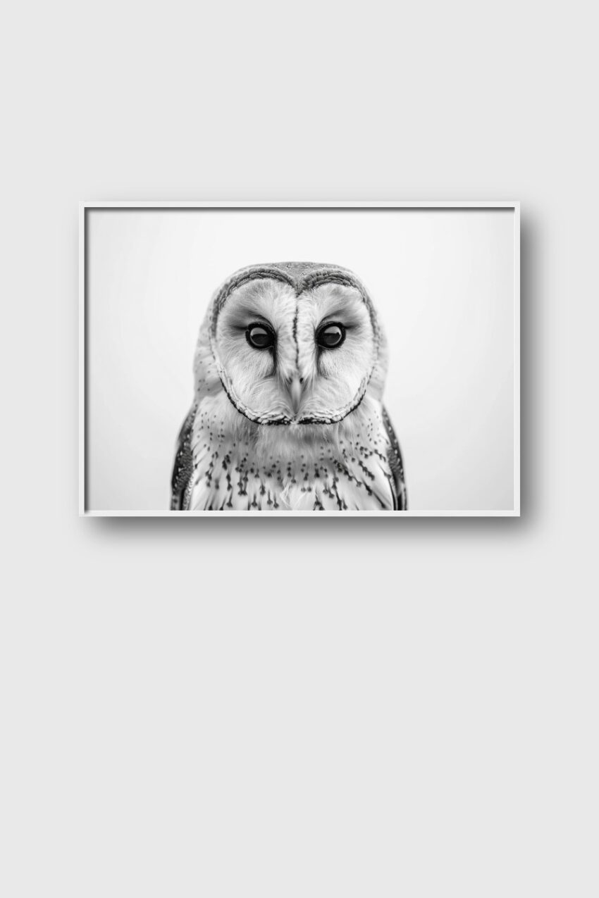 Fotografie Poster Schleiereule schwarz-weiß Nahaufnahme