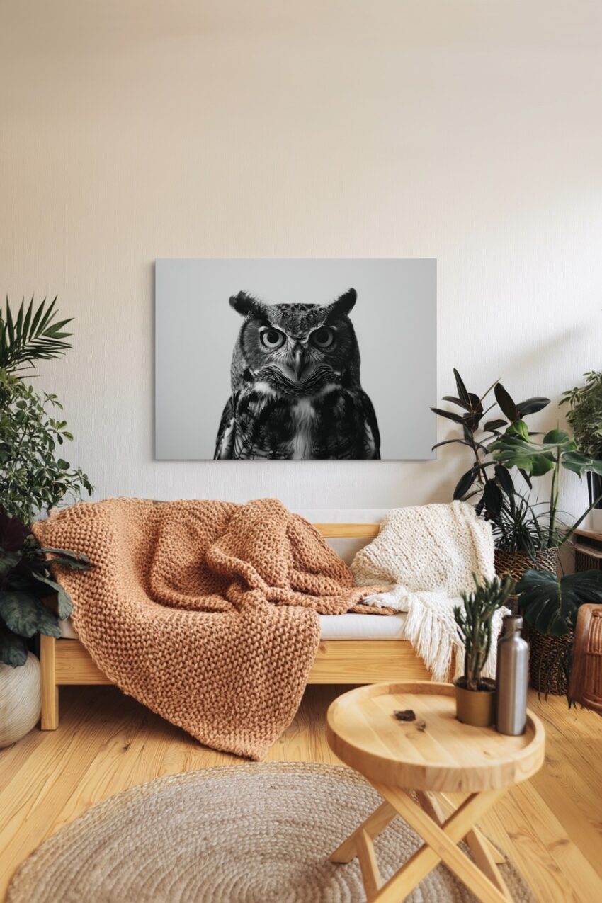 Fotografie Poster Eule frontal schwarz-weiß