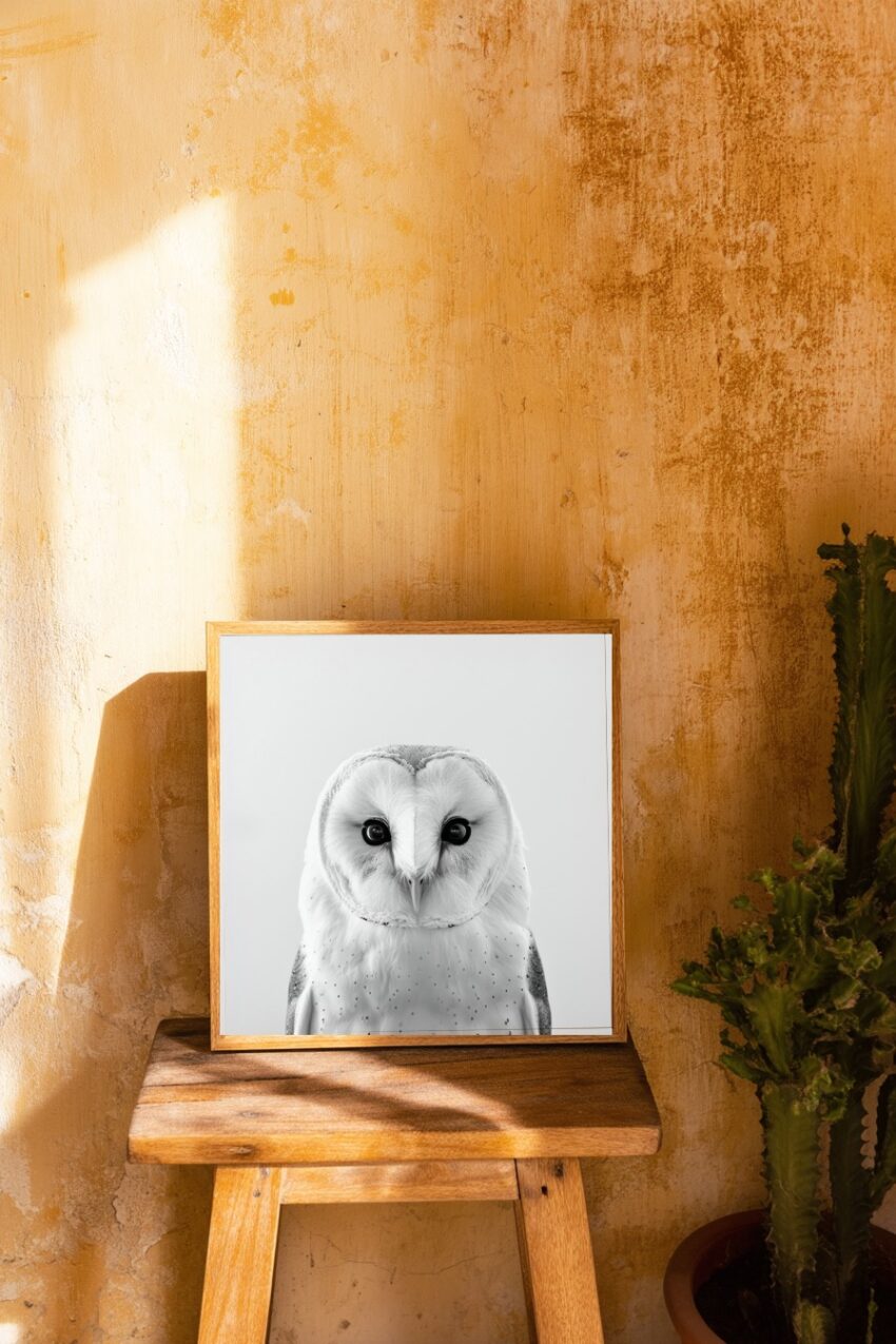 Fotografie Poster Schleiereule intensiver Blick schwarz-weiß