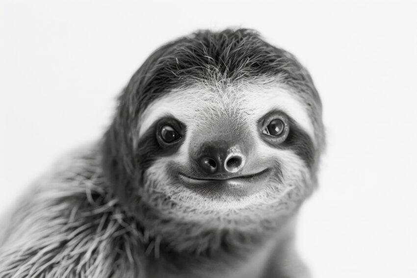 Fotografie Poster Faultier Nahaufnahme monochrom lächelnd