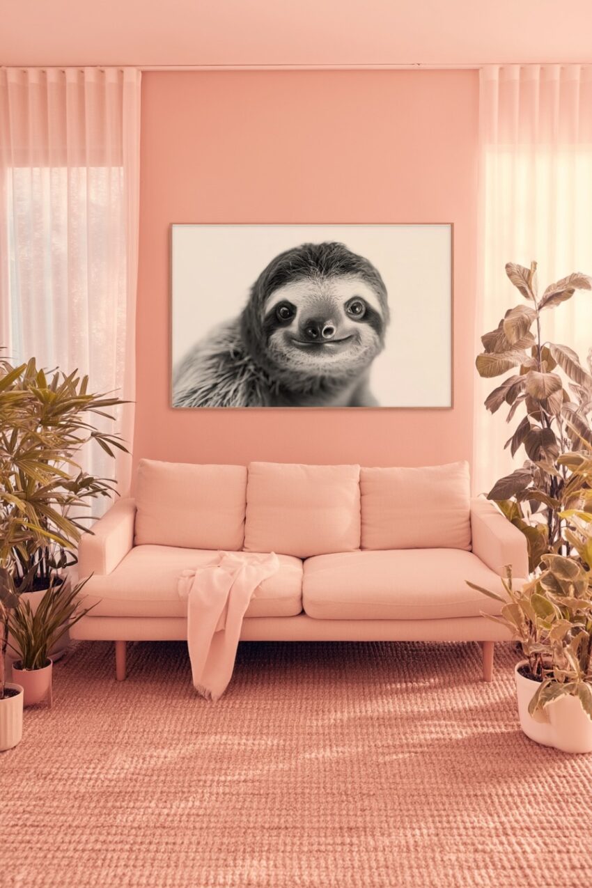 Fotografie Poster Faultier Nahaufnahme monochrom lächelnd