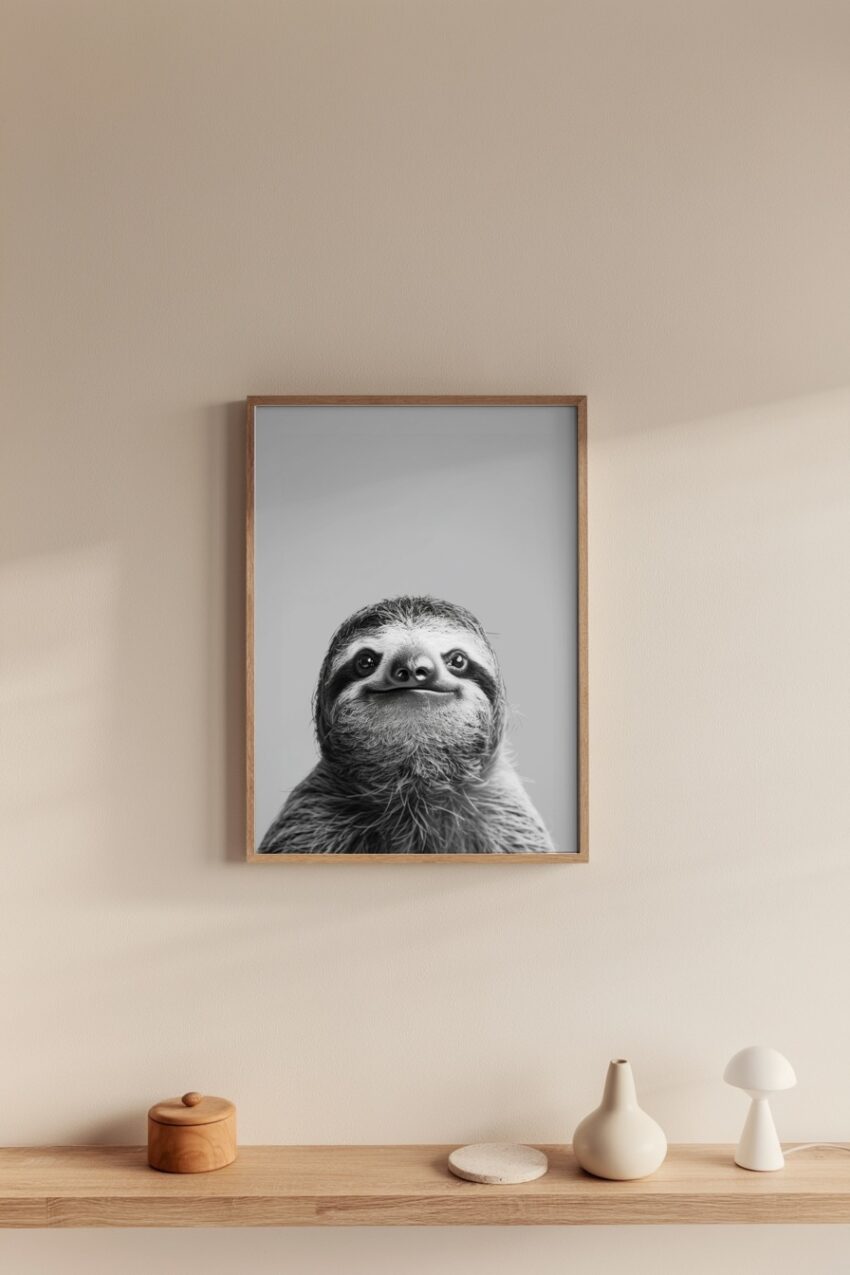 Fotografie Poster Faultier lächelnd schwarz-weiß