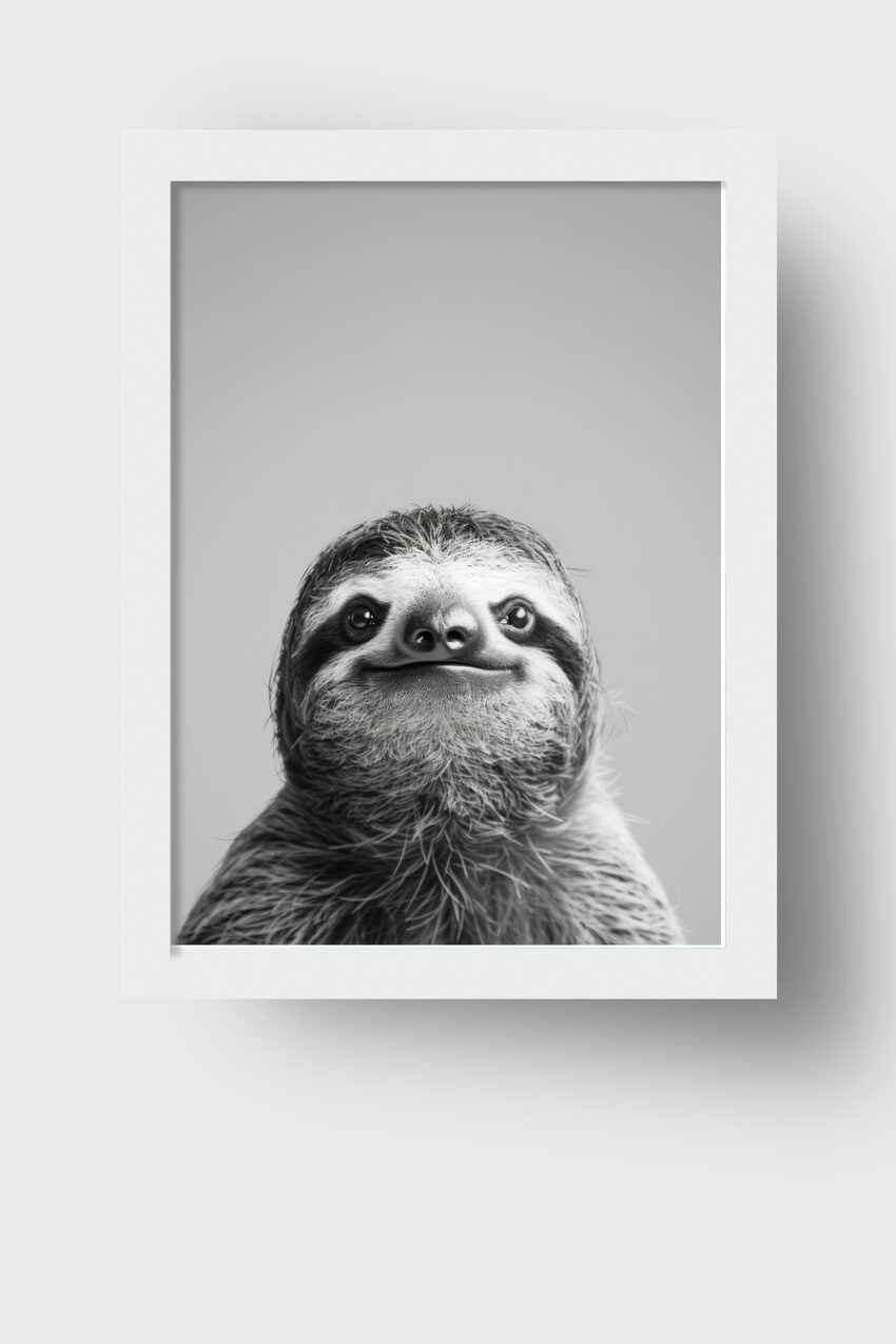 Fotografie Poster Faultier lächelnd schwarz-weiß