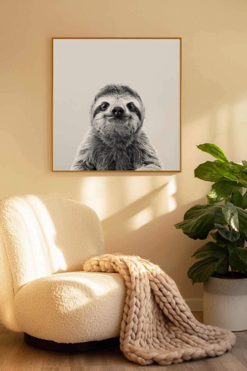 Fotografie Poster Faultier Frontal Nahaufnahme Schwarz-Weiß