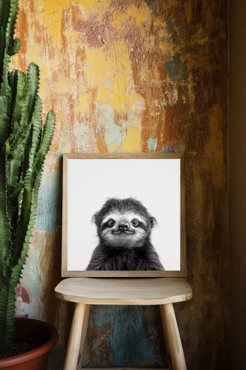 Fotografie Poster Faultier Kopf schwarz-weiß frontal