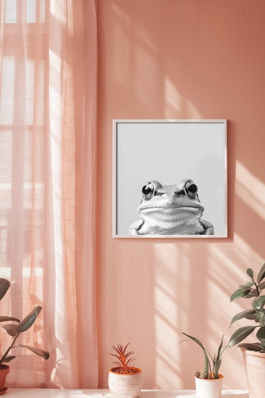 Fotografie Poster Frosch nahaufnahme schwarz-weiß frontal