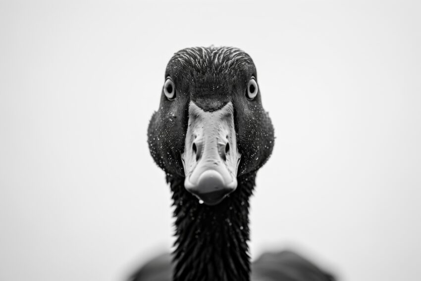 Fotografie Poster Ente frontal schwarz-weiß nah