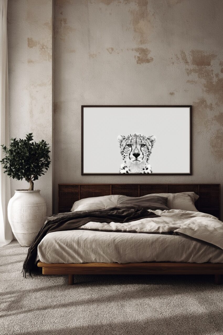 Fotografie Poster Gepard Nahaufnahme schwarz-weiß minimalistisch