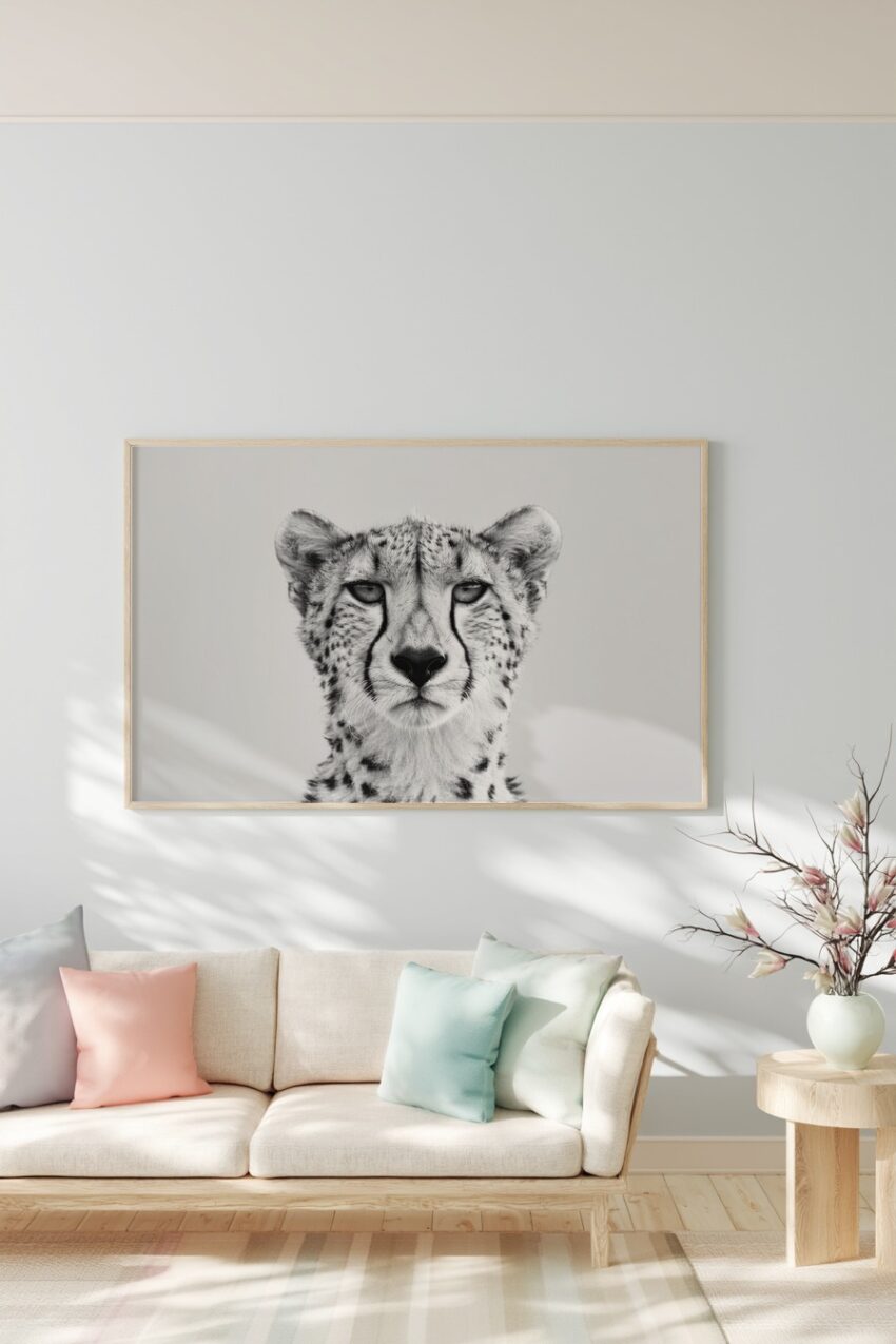 Fotografie Poster Gepardenkopf schwarz-weiß intensiv